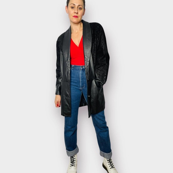 80s Comint Leather and‎ Textured Suede Black Mid Length Coat